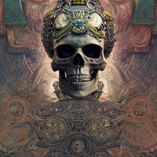 Prompt: hyperdetailed portrait of a skeleton with tiki mask, digital painting, sharp foccus ilustration, artstation hq. intricate, elegant. wlop, greg rutkowski, alphonse mucha,. dan mumford, rossdraws, marc simonetti. incredible background by repin. full height. louise zhang. decollage