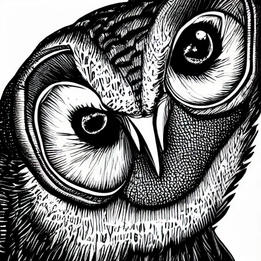 Prompt: creepy alternative comic book style psychotic barn owl up close