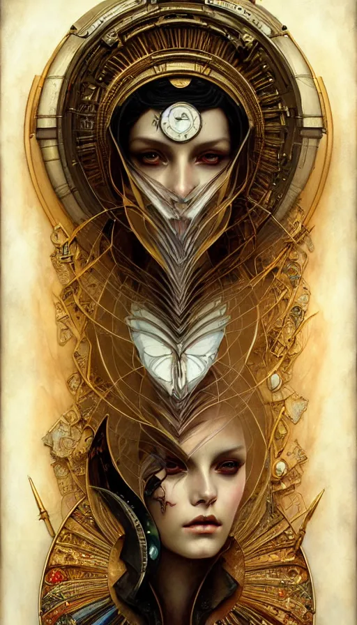 Prompt: timemachine schematics painted by tom bagshaw, mobius, mucha M. C. Escher, gold paint, ink, gnarly details