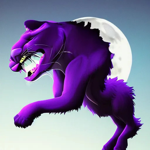 Image similar to digital painting of a large purple panther roaring at night. moon in background. digital drawing, illustration, 4 k, highly detailed, artstation, realistic, dramatic, darkness.