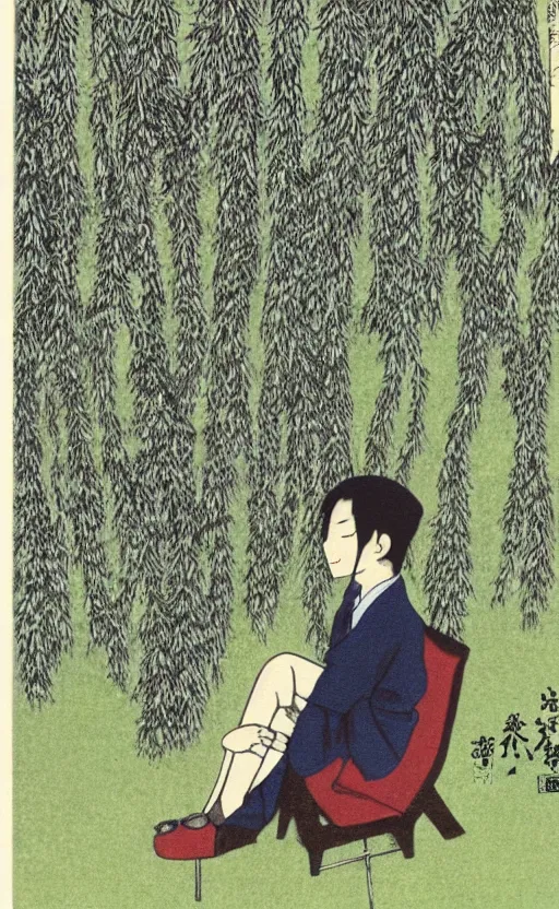 Prompt: by akio watanabe, manga art, a male writer sitting on chair with short hair, willow tree and hill, trading card front, kimono, realistic anatomy, sun in the background