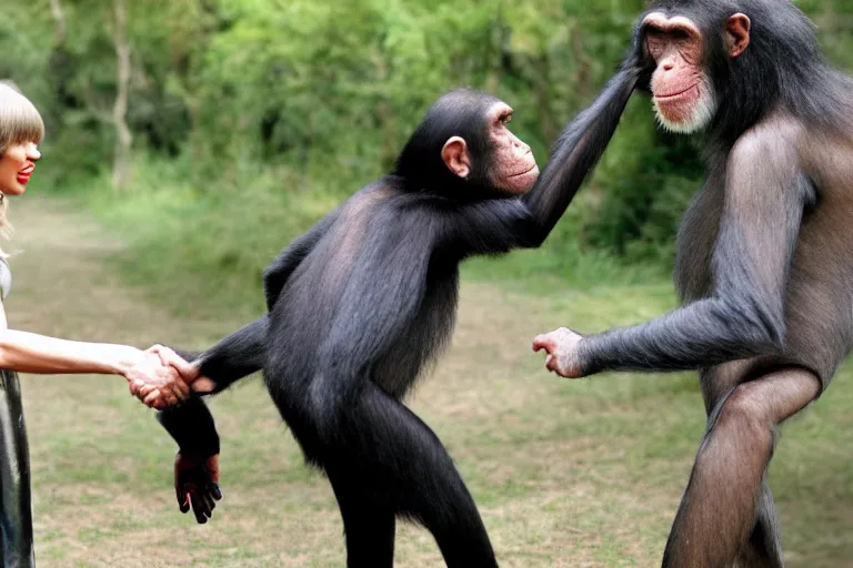 Image similar to Taylor Swift shaking hands with a chimpanzee