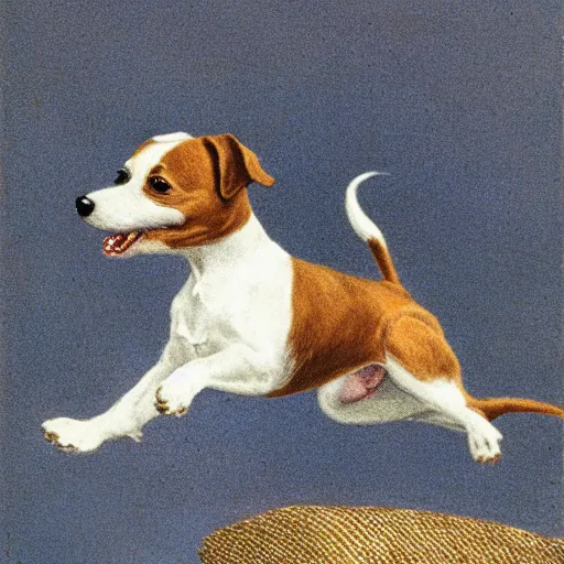 Image similar to portrait of a happy jack russel terrier jumping, closeup, illustrated by peggy fortnum and beatrix potter and sir john tenniel