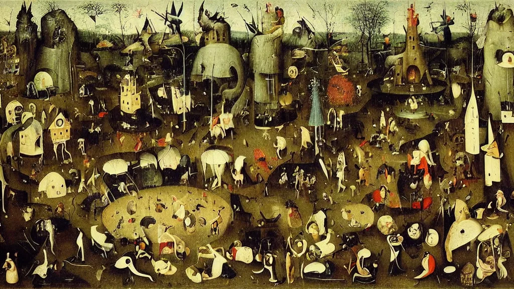 Image similar to The band Radiohead playing music in a garden by Hieronymus Bosch