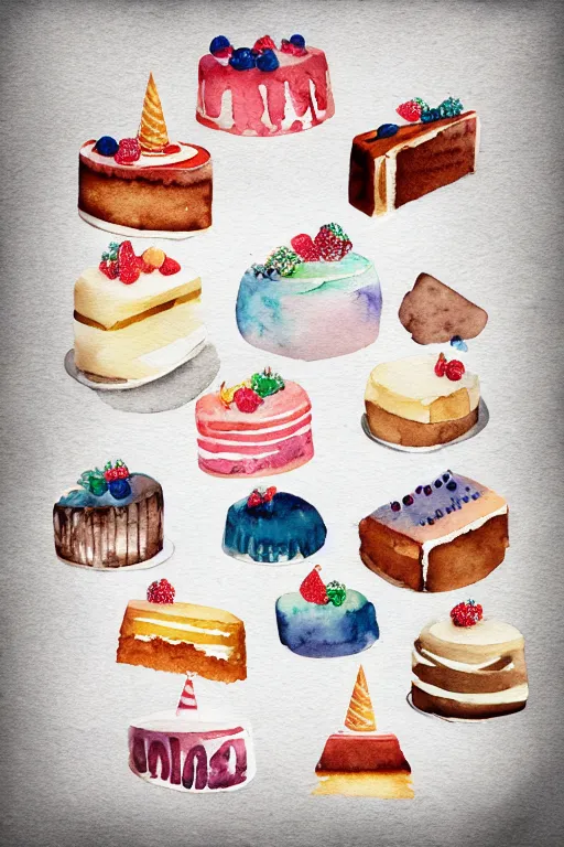 Image similar to minimalist watercolor art of birthday cakes on white background, illustration, vector art