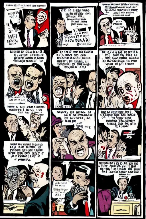 Image similar to Rudy Giuliani as a zombie, illustrated in the style of a 1950’s comic book