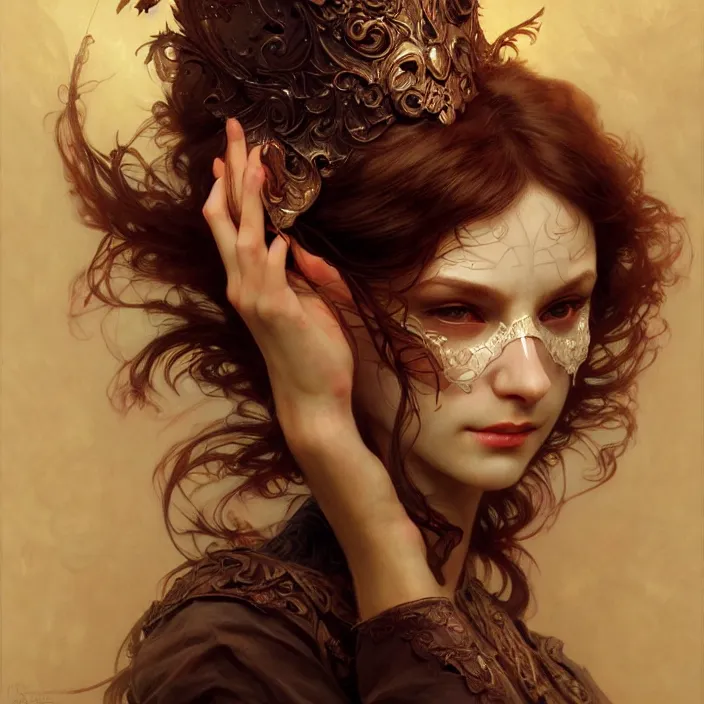 Prompt: removing mask under another mask, diffuse lighting, fantasy, intricate, elegant, highly detailed, lifelike, photorealistic, digital painting, artstation, illustration, concept art, smooth, sharp focus, art by John Collier and Albert Aublet and Krenz Cushart and Artem Demura and Alphonse Mucha