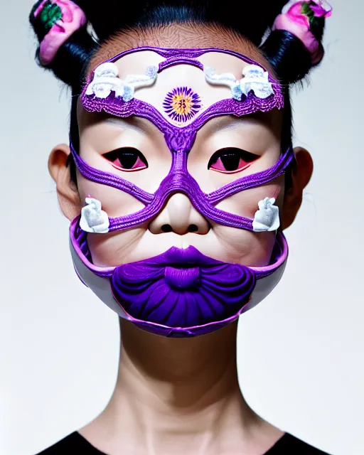 Prompt: symmetrical portrait of an asian woman wearing a silicone embroidered purple beauty mask and white hair buns, wearing a black bodysuit by alexander mcqueen, cream white background, soft light, biotechnology, humanoide robot, bjork aesthetic, translucent, by rineke dijkstra, intricate details, highly detailed, masterpiece,