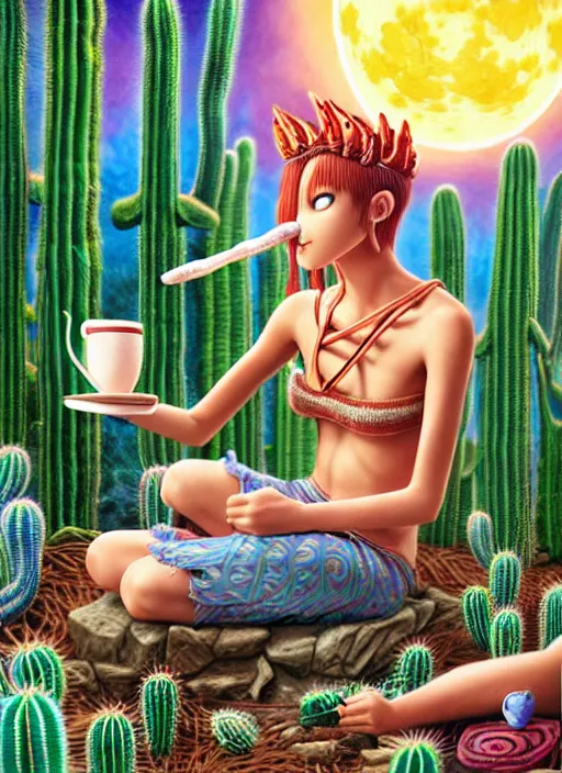 Image similar to richly detailed colored pencil 3 d illustration spartan drinking tea at campfire with trichocereus background and smoke haze full moon ayahuasca peyote art by range murata and artgerm