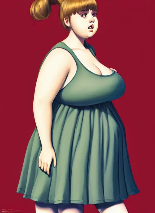 Image similar to full body portrait of teenage betty cooper, obese, bangs, ponytail, sultry, realistic, sultry smirk, ponytail hairstyle, fluffy bangs, curly bangs, skirt, fat, belly, intricate, elegant, highly detailed, digital painting, artstation, concept art, smooth, sharp focus, illustration, art by wlop, mars ravelo and greg rutkowski