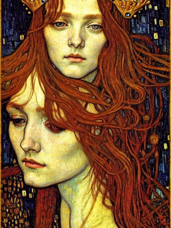 Image similar to detailed realistic beautiful young medieval queen face portrait by jean delville, gustav klimt and vincent van gogh, art nouveau, symbolist, visionary, gothic, pre - raphaelite, muted earthy colors, desaturated