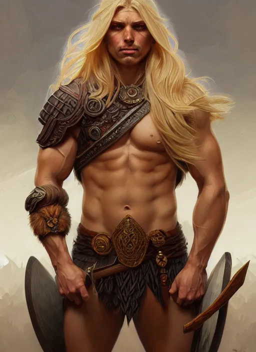 Image similar to symmetry! portrait of barbarian, blond hair, d & d, muscular!! fantasy, intricate, elegant, highly detailed, digital painting, artstation, concept art, smooth, sharp focus, illustration, art by artgerm and greg rutkowski and alphonse mucha