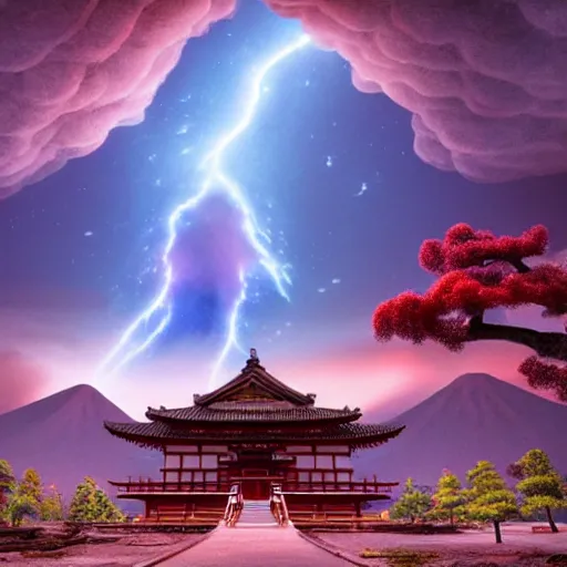 Prompt: a beautifully detailed matte painting of a japanese temple in an astral nebula, lava, volcanoes in the background, lightning strikes dramatic lighting, dynamic lighting, cinematic lighting, vibrant and powerful, unreal engine, featured on artstation, wide angle