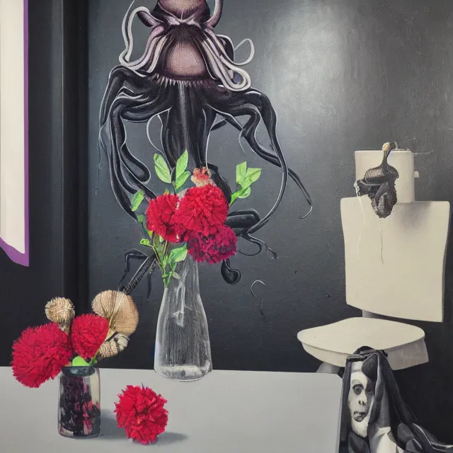 Prompt: empty room with black walls, sensual portrait of a female pathologist, octopus mural, spilled vase of flowers and water, squashed berries, neo - expressionism, surrealism, acrylic and spray paint and oilstick on canvas