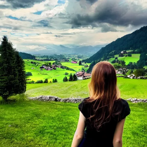 Image similar to a beautiful photograph of a girl with switzerland landscape in the background with trees, hdr, 8 k, high quality, sharp focus, artstation, highly detailed, award - winning, dramatic lighting, beautiful clouds, and nature