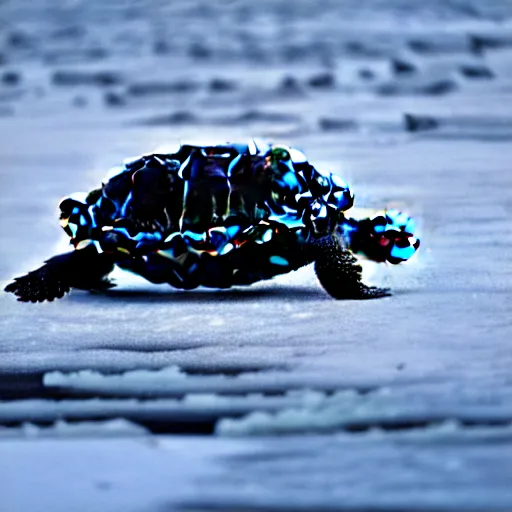 Prompt: a turtle with a black shell, walking on ice