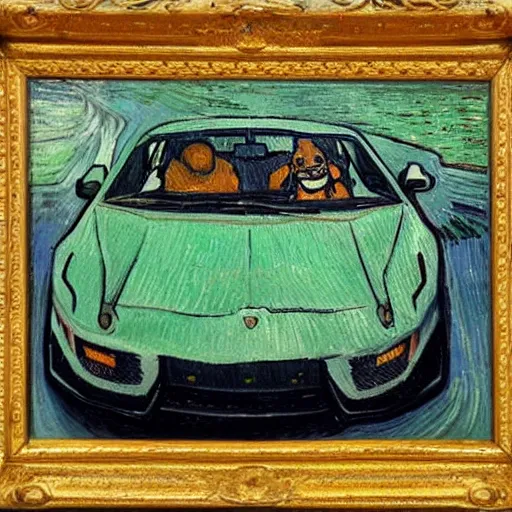 Image similar to a beautiful oil painting of a monkey in a lamborghini, 8k , award winning , made in 1800's , old , painted by vincent van gogh