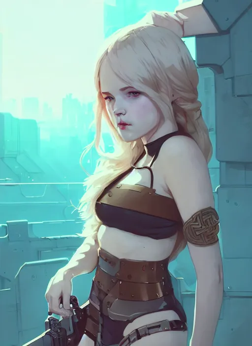 Image similar to portrait of cute shieldmaiden girl in cyber bikini armor, face by ilya kuvshinov, warhammer, cyberpunk, viking, by atey ghailan, by greg rutkowski, by greg tocchini, by james gilleard, by joe fenton, by kaethe butcher, dynamic lighting, gradient light blue, brown, blonde cream and white color in scheme, grunge aesthetic