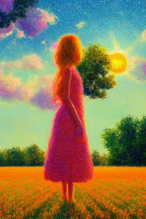 Image similar to flower growing out of girl, standing in a flower field, big trees, sunrise dramatic light, impressionist painting, colorful clouds, digital painting, pointillism, artstation, simon stalenhag