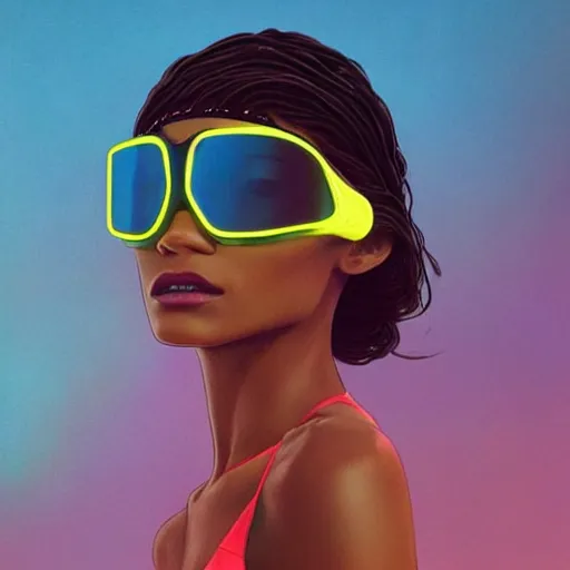 Image similar to zendaya wearing opaque reflective goggles profile picture by Greg Rutkowski, brown skin, very long hair, dune, asymmetrical, futuristic, neon volumetric lights, cool colors, streetwear, studio ghibli, Organic Painting , Matte Painting, geometric shapes, hard edges, street art, trending on the artstation, fantasy LUT, realistic by Sachin Teng + Martin Grip + Moebius, techwear, Industrial Scifi, detailed illustration, character portrait,