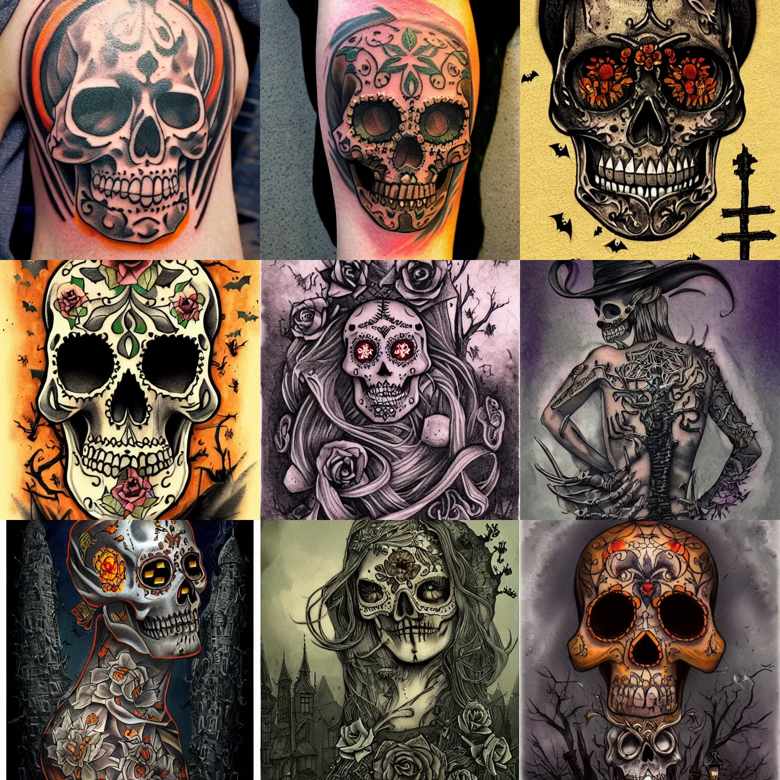 Prompt: halloween tattoo on back by anton pieck, sugar skull in graveyard at midnight, intricate, extremely detailed, digital painting, artstation, concept art, smooth, sharp focus, illustration, intimidating lighting, incredible art,