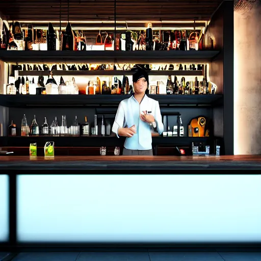 Prompt: an asian man with black hair working behind a futuristic bar, detailed, professional, beautiful, well lit, realistic, hdr, 8k, high resolution, unreal engine 5, photorealistic, scenic, amazing