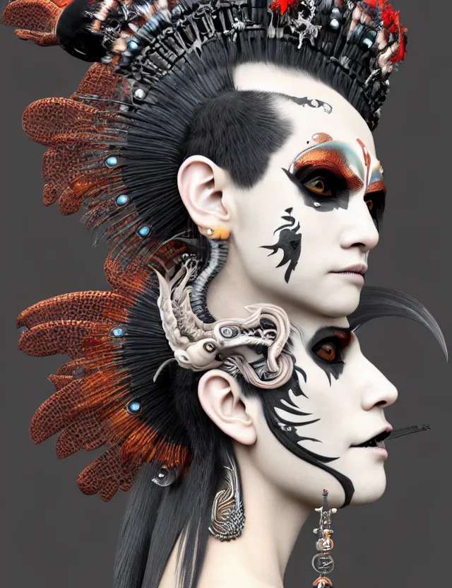 Image similar to 3 d goddess close - up profile portrait punk with mohawk in victorian style with ram skull. beautiful intricately detailed japanese crow kitsune mask and clasical japanese kimono. betta fish, jellyfish phoenix, bio luminescent, plasma, ice, water, wind, creature, artwork by tooth wu and wlop and beeple and greg rutkowski