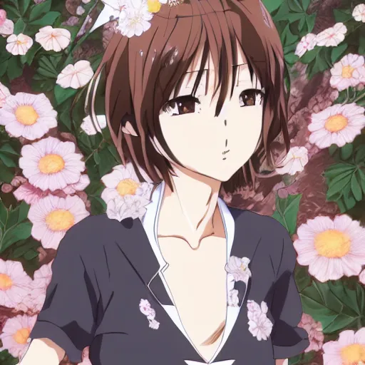 Image similar to Detailed anime key visual of a beautiful Japanese woman with short brown hair, shoulder-length; wearing a white shirt with a floral pattern; Official media