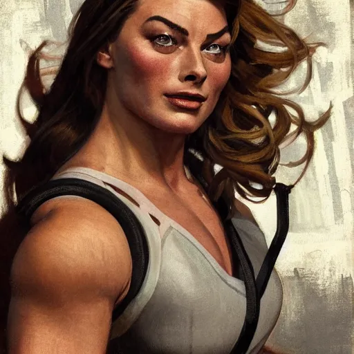 Image similar to socialist realism propaganda poster of margot robbie as beautiful female very muscular weightlifter from overwatch, portrait, profile picture, socialist realism, highly detailed, intricate, digital painting, artstation, sharp focus, illustration, art by jakub rozalski, greg rutkowski, artgerm, tan zi and ayanamikodon and alphonse mucha and wlop