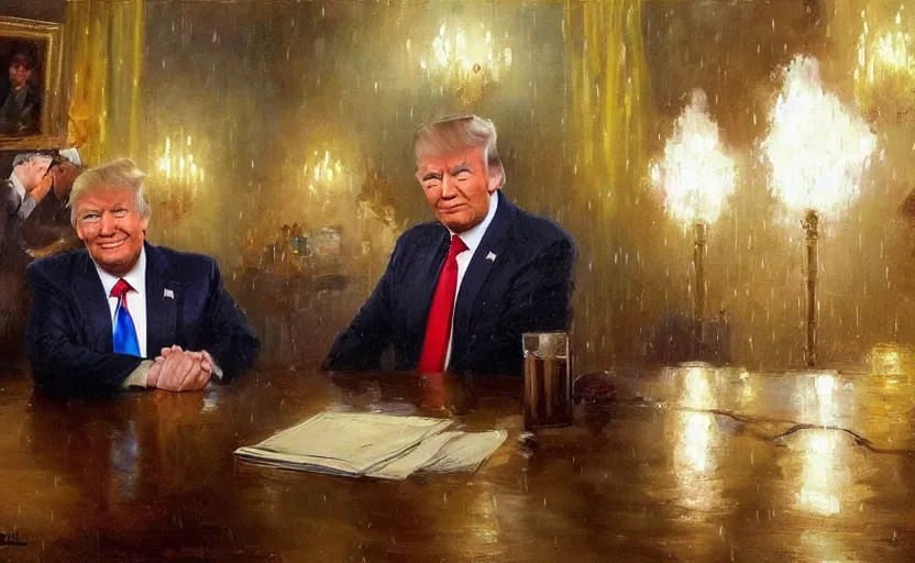 Prompt: donald trump secretly selling highly classified nuclear documents to russian president vladimir putin in a dimly lit raining city alley by wlop and vladimir volegov and alexander averin and delphin enjolras