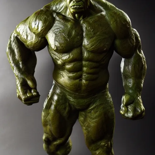 Prompt: The Hulk, a bronze sculpture by Guillermo del Toro, featured on deviantart, antipodeans, movie still, ultra detailed, shiny