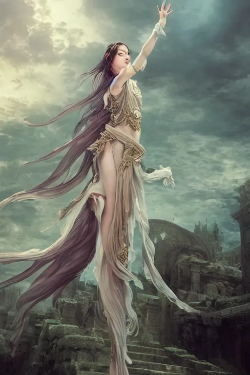 Image similar to a beautiful sorceress floating on air with elegant looks, flowing robe, ornate and flowing, intricate and soft by miho hirano, ruan jia, yoshitaka amano, wlop, beautiful roman architectural ruins in the background, epic sky, vray render, artstation, deviantart, pinterest, 5 0 0 px models