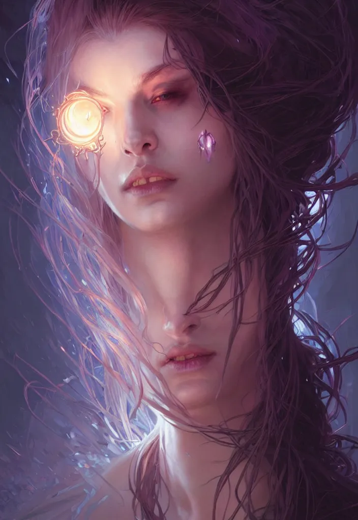 Image similar to Necromancer Sorceress face in center, fantasy magic, undercut hairstyle, dark light night, intricate, elegant, sharp focus, illustration, highly detailed, digital painting, concept art, matte, art by WLOP and Artgerm and Greg Rutkowski and Alphonse Mucha, masterpiece