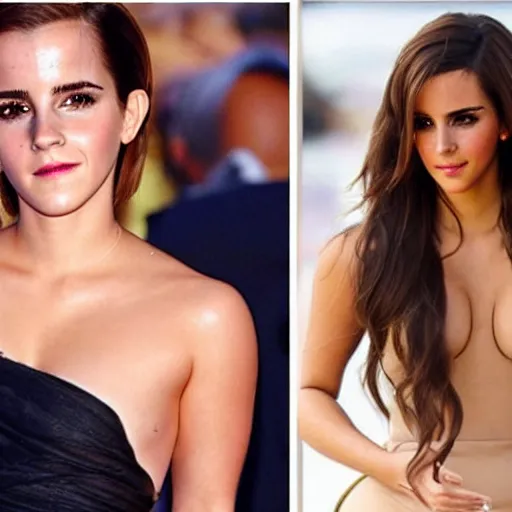 Image similar to emma watson mixed with kim kardashian, 5 0 - 5 0 mixture, full - figure profile