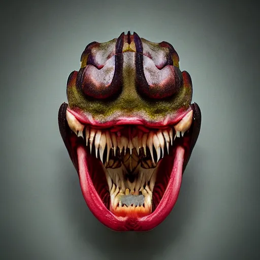 Image similar to a frontal studio headshot photograph of an elder demon. a large lily asiatic with teeth.