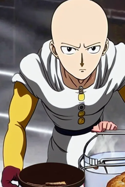 Image similar to saitama one punch man as a baker cooking bread, bakery