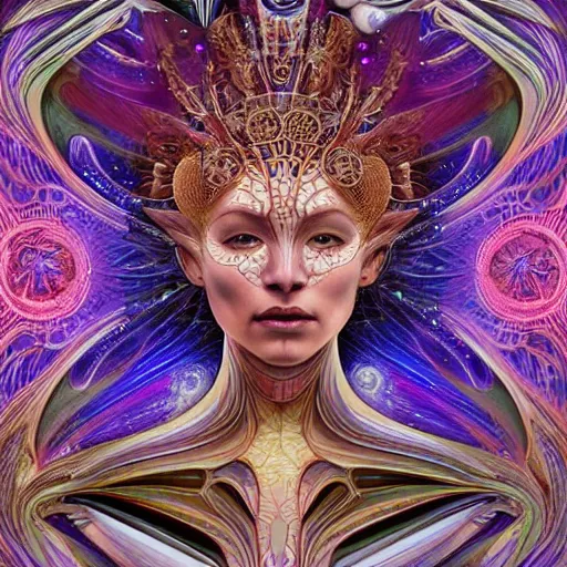 Prompt: queen of the galaxy by alex grey, zaha hadid, alphonse mucha. highly detailed, hyper - real, very beautiful, intricate fractal details, very complex, opulent, epic, mysterious, polished, futuristic design, trending on deviantart and artstation