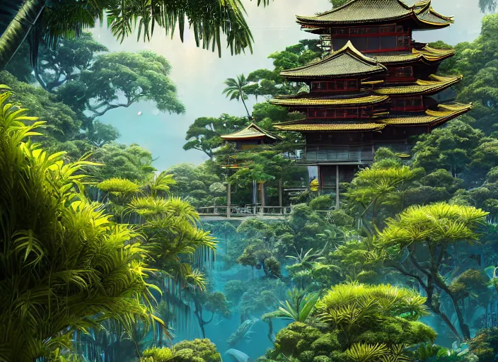 Prompt: overgrown tropical foliage overtaking many tall ornate japanese buildings, underwater environment, borealis, scenery, professional, award - winning, trending on artstation, hyper detailed, realistic, beautiful, emotional, shiny, golden, picture