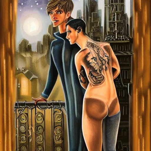 Image similar to short - haired tattooed heroic stoic handsome muscular blonde butch tomboy woman engineer standing beside dark fae feathered gothic jennifer connelly standing together on a balcony at night, in love, rocket factory in background, highly detailed, trending on art station, oil painting