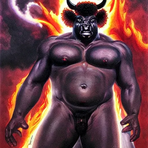 Prompt: Artwork by Brom, A large black bison with fiery eyes, Bison God, Ancient, a scene from the TV show, American Gods