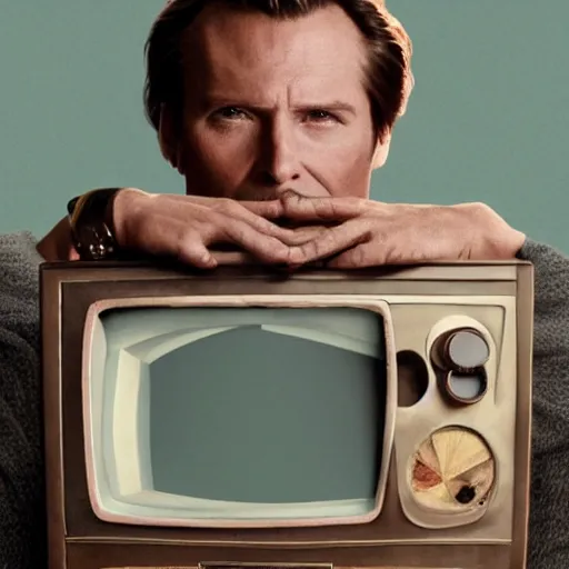 Image similar to a photo of a famous actor trapped inside a television trying to escape, very sharp and detailed 8k photorealistic image, in the style of Wes Anderson