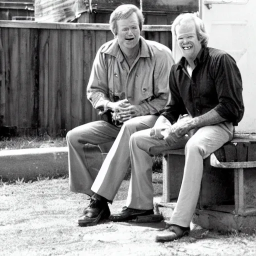 Prompt: kevin tighe with randy mantooth, sitting by a dumpster drinking beer, empty bottles