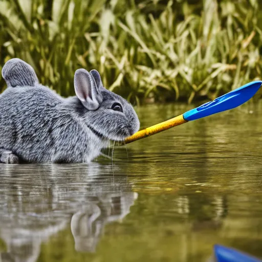 Image similar to a grey rabbit paddling a blue kayak on a small calm stream, 4k photorealistic