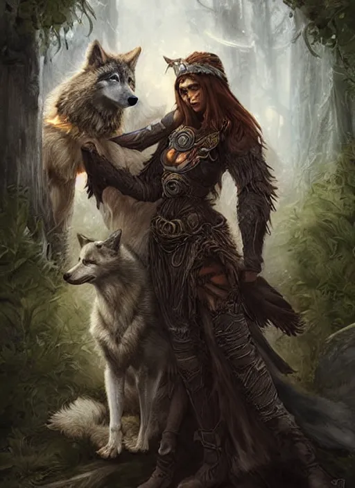 Image similar to digital _ painting _ of _ a female druid with her wolf companion _ by _ filipe _ pagliuso _ and _ justin _ gerard _ symmetric _ fantasy _ highly _ detailed _ realistic _ intricate _ port