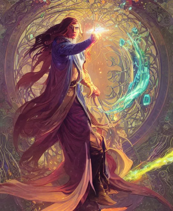 Image similar to a trading card of a wizard surrounded by a whirlwind of magical particles ushing inside the metaverse, half body, fantasy, intricate, elegant, highly detailed, colorful, vivid color, digital painting, artstation, concept art, art by artgerm and greg rutkowski and alphonse mucha and ruan jia