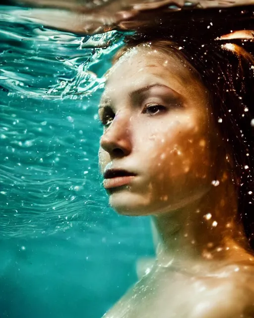 Image similar to a closeup portrait of as beautiful young woman floating under water with a very emotional look, strong single top lighting, moody feel, dramatic