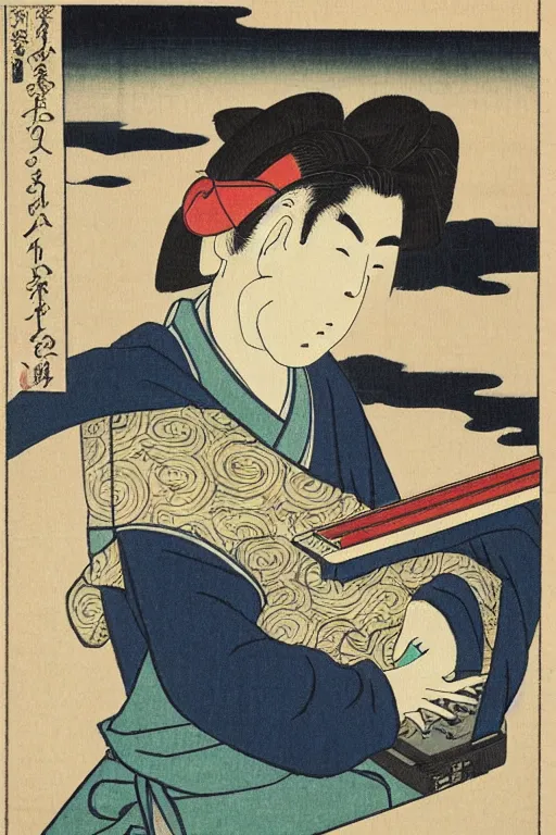 Prompt: Japanese woodblock print of Tatarian IT specialist with a laptop, Hokusai