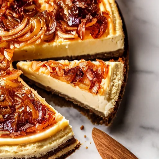 Prompt: close view of a delicious sweet and perfect onion cheesecake piece, onion pieces on top, onion slices on top, award winning, 4 k, beautiful