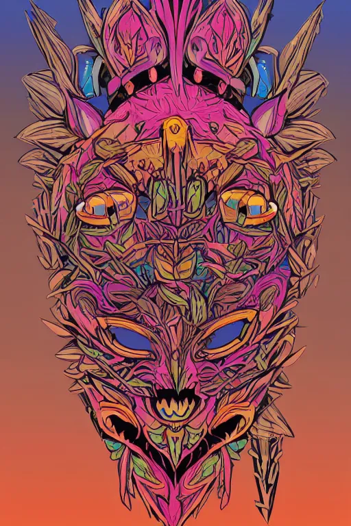 Image similar to animal mask totem roots flower tribal feather gemstone plant wood rock shaman vodoo video game vector cutout illustration vivid multicolor borderlands comics by josan gonzales and dan mumford radiating a glowing aura