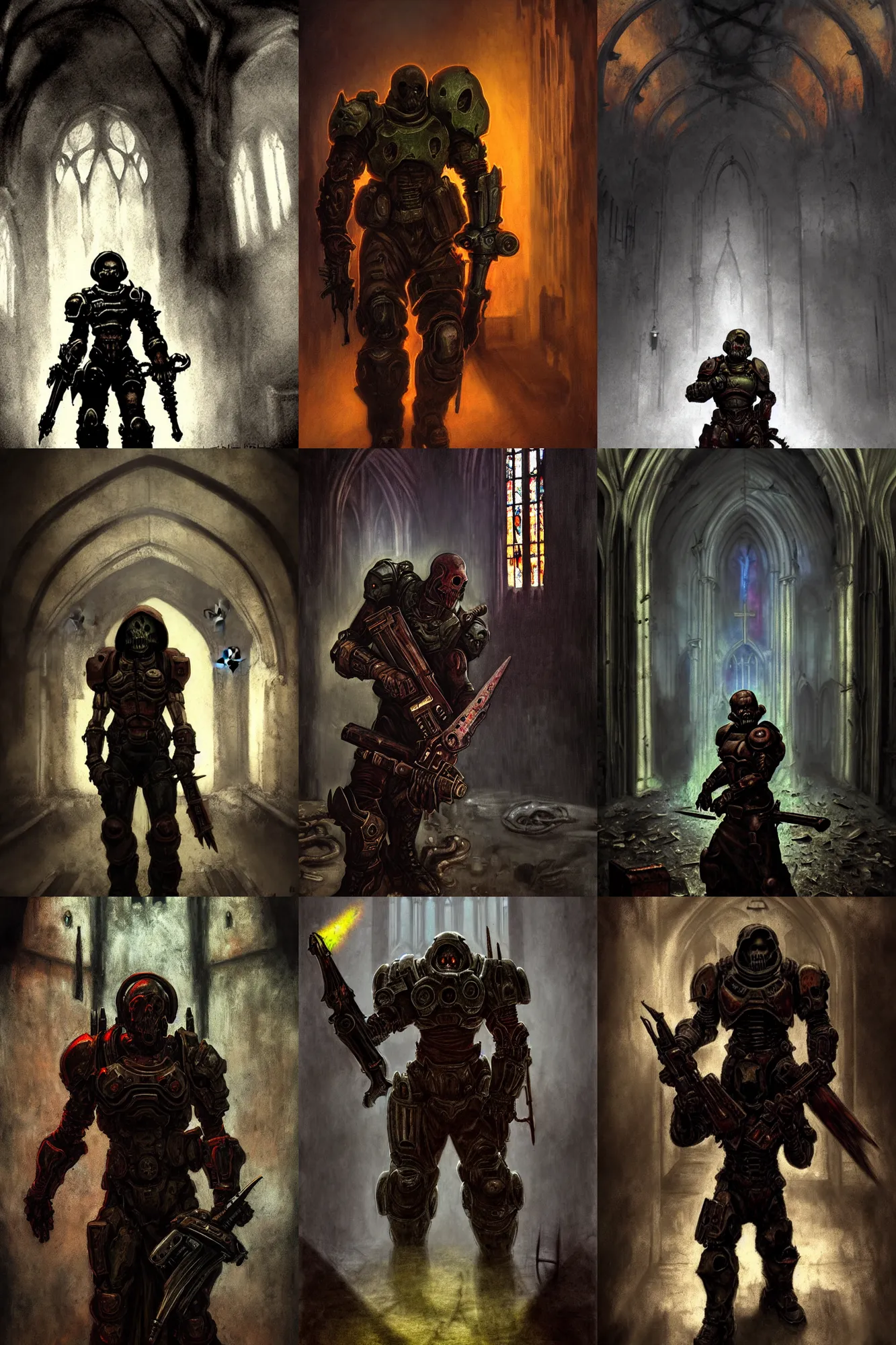 Prompt: character portrait of the doom slayer!!!! in a gothic church!!!, rusty metal walls, broken pipes, dark colors, muted colors, tense atmosphere, mist floats in the air, amazing value control, muted colors, moody colors, dramatic lighting, john singer sargent, in the style of frank frazetta doom video game